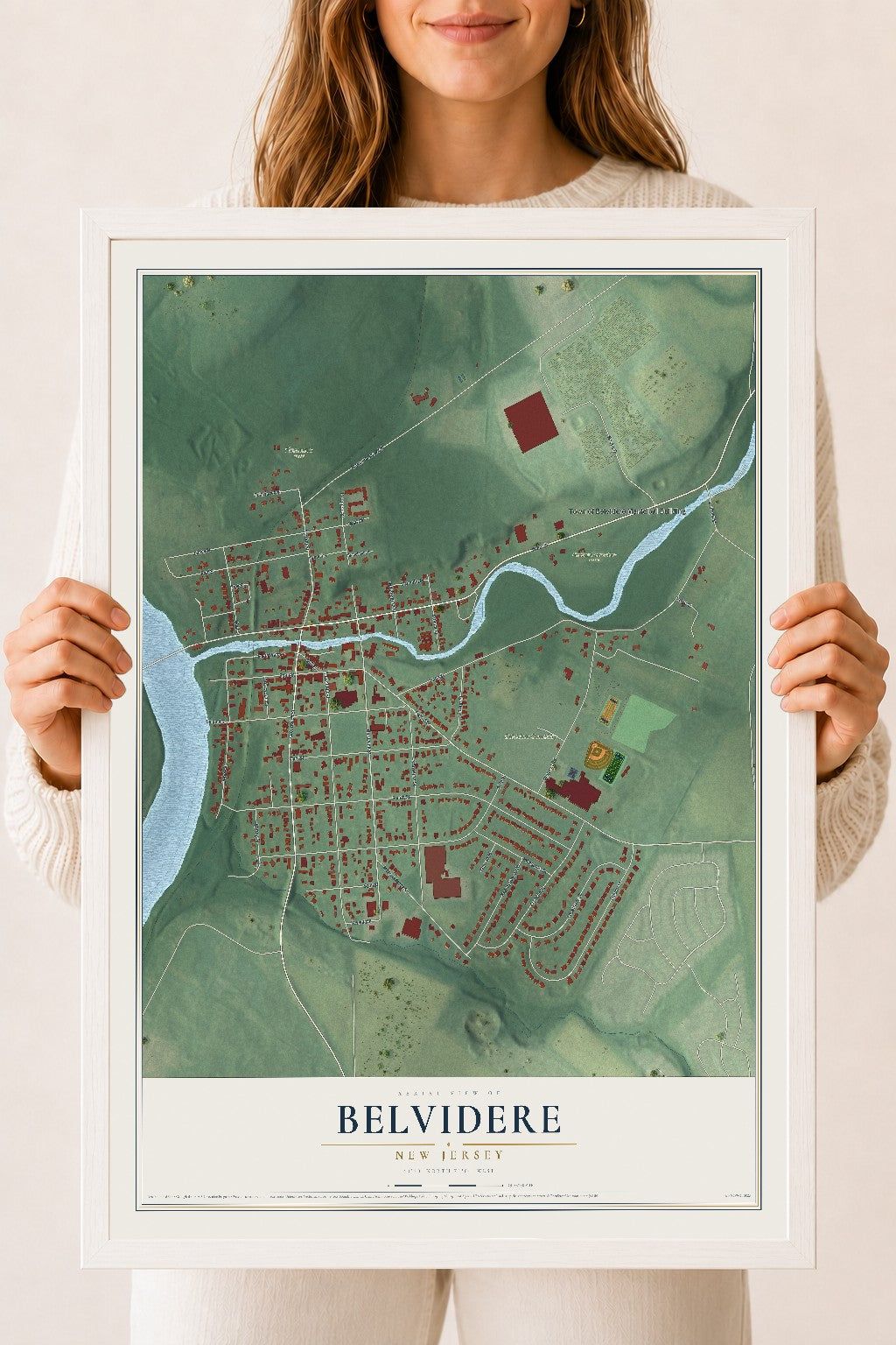 Map of Belvidere, New Jersey, 18 x 24 inch print in a white wood frame