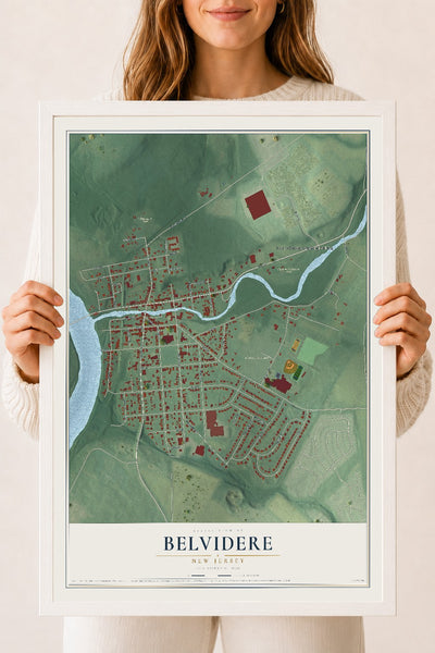 Map of Belvidere, New Jersey, 18 x 24 inch print in a white wood frame