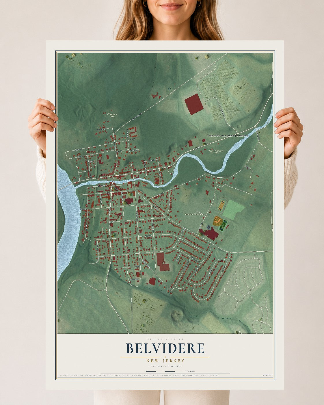 Map of Belvidere, New Jersey, 24 x 36 inch unframed archival matte print