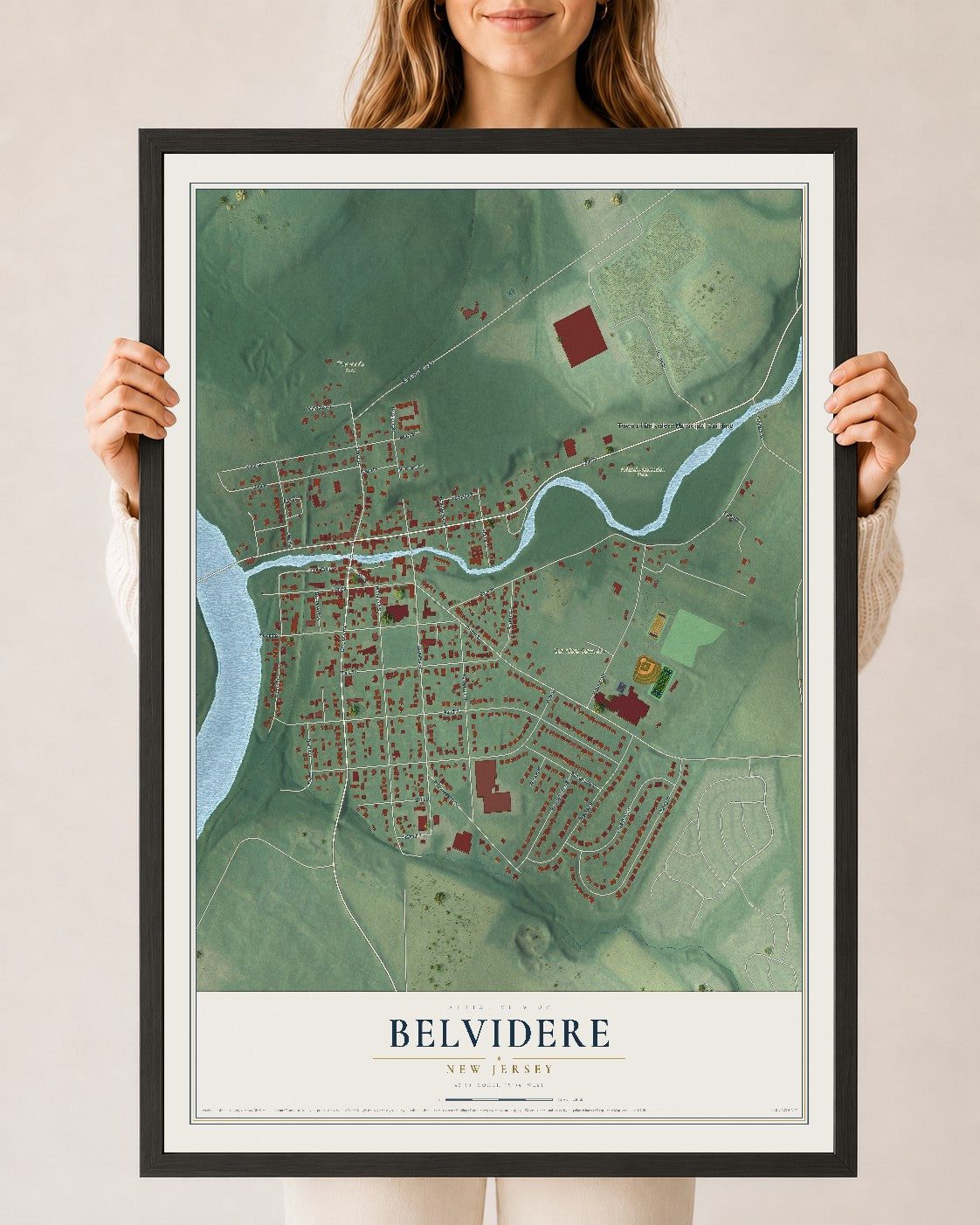 Map of Belvidere, New Jersey, 24 x 36 inch print in a black wood frame