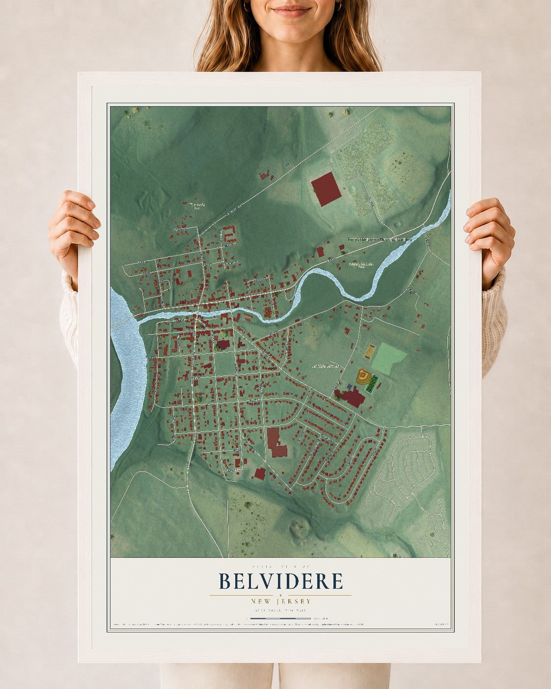Map of Belvidere, New Jersey, 24 x 36 inch print in a white wood frame