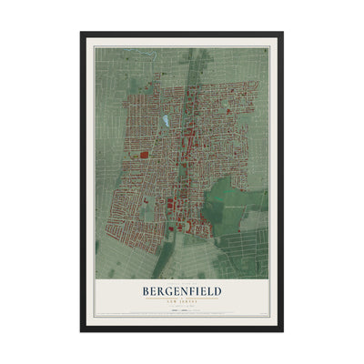 Bergenfield, New Jersey map print, 12" x 18" W/ Black Ayous Wood Frame mockup