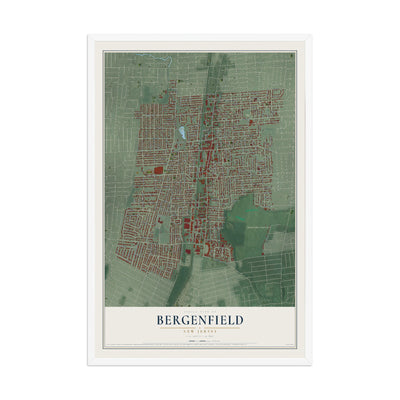 Bergenfield, New Jersey map print, 12" x 18" W/ White Ayous Wood Frame mockup