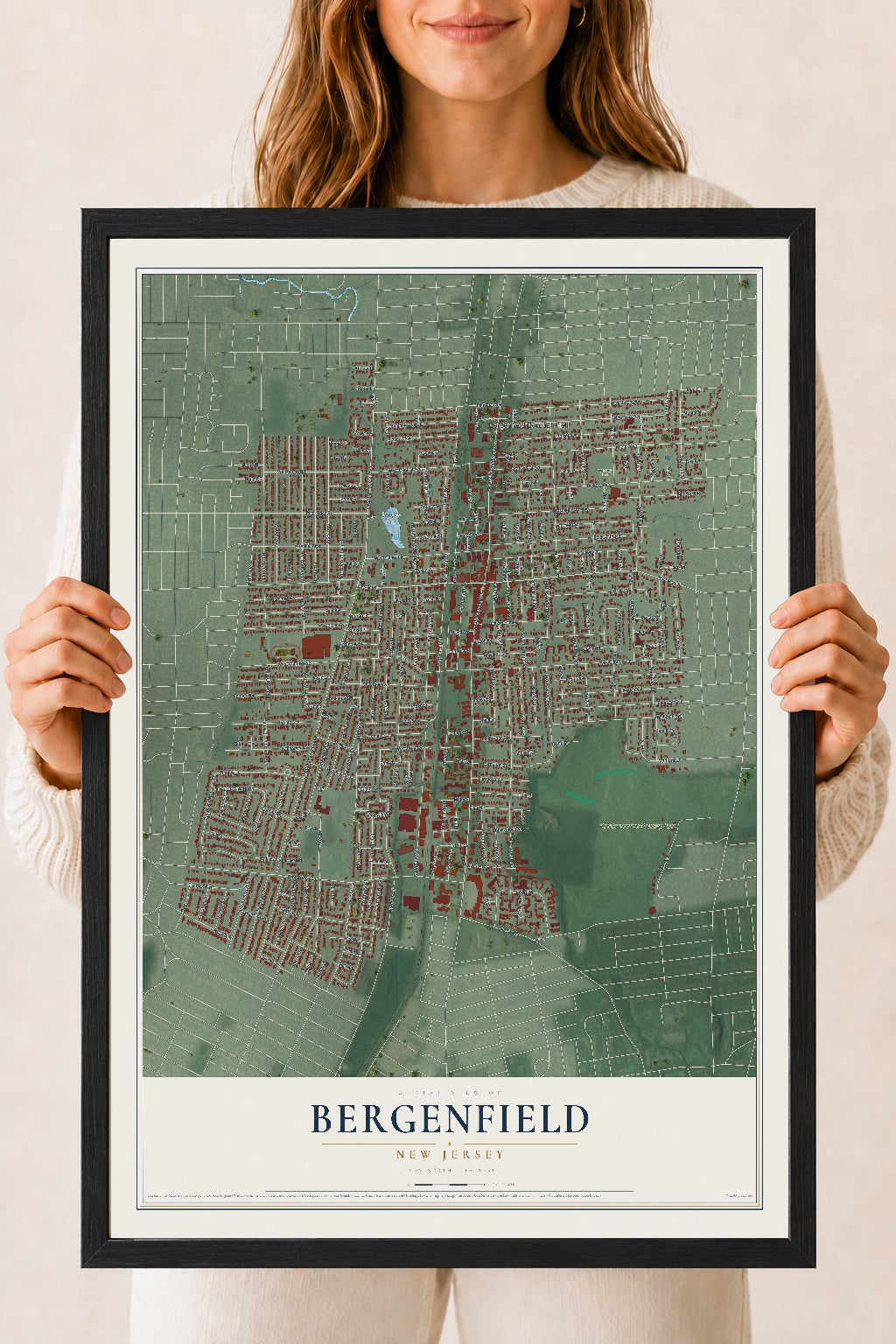 Bergenfield, New Jersey map print, 18" x 24" W/ Black Ayous Wood Frame mockup