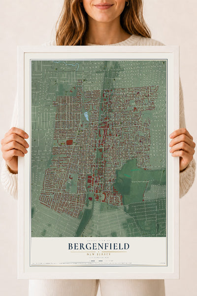 Bergenfield, New Jersey map print, 18" x 24" W/ White Ayous Wood Frame mockup