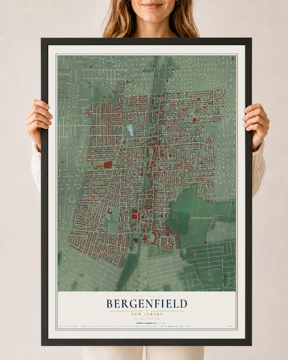 Bergenfield, New Jersey map print, 24" x 36" W/ Black Ayous Wood Frame mockup