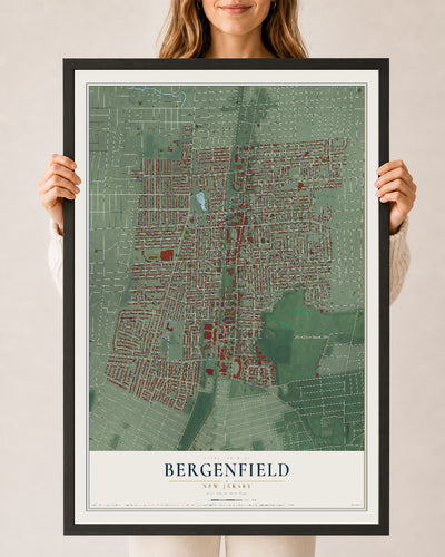 Bergenfield, New Jersey map print, 24" x 36" W/ Black Ayous Wood Frame mockup