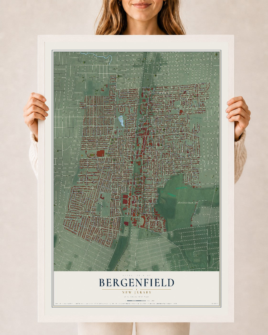 Bergenfield, New Jersey map print, 24" x 36" W/ White Ayous Wood Frame mockup