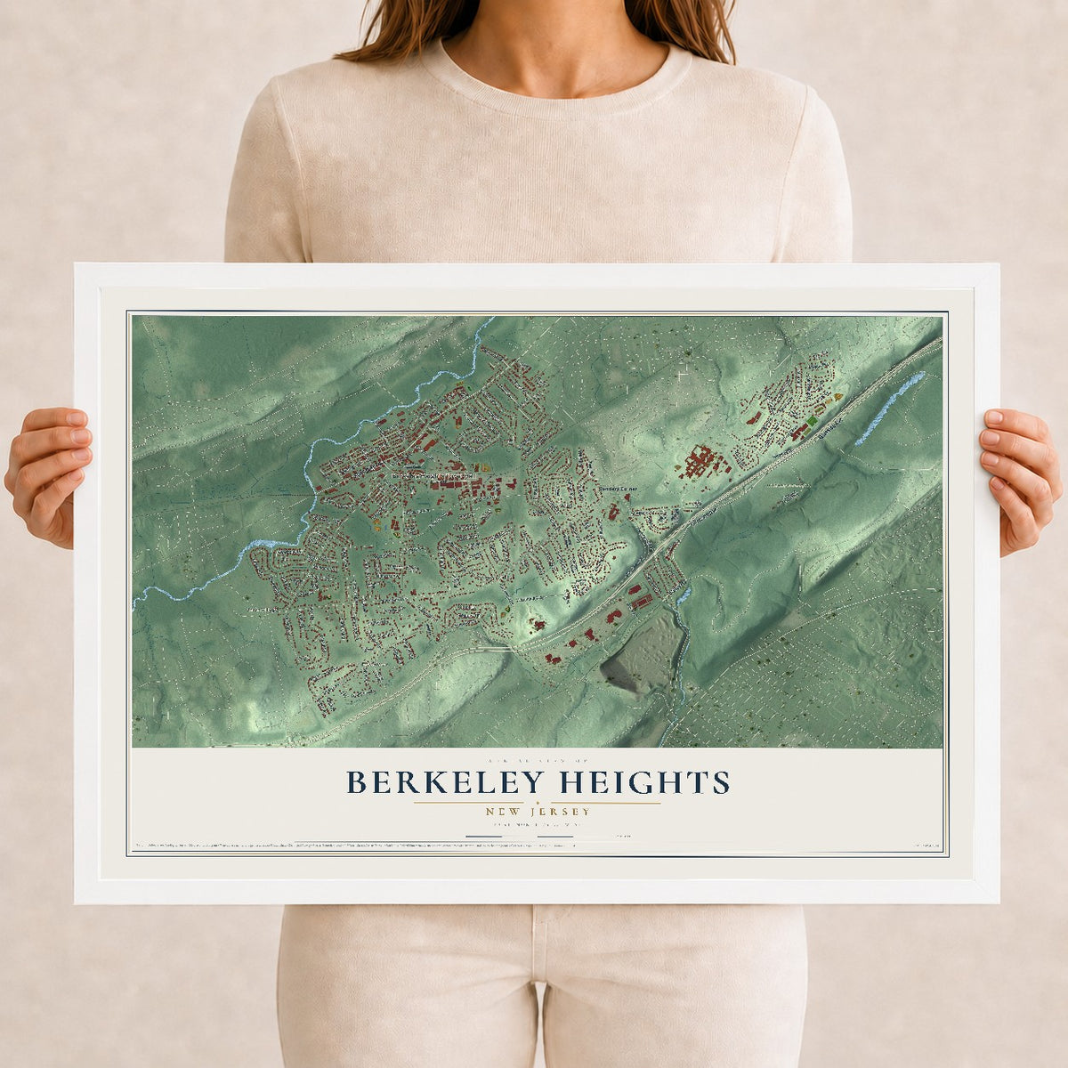 Berkeley Heights, New Jersey map print, 12" x 18" W/ White Ayous Wood Frame mockup