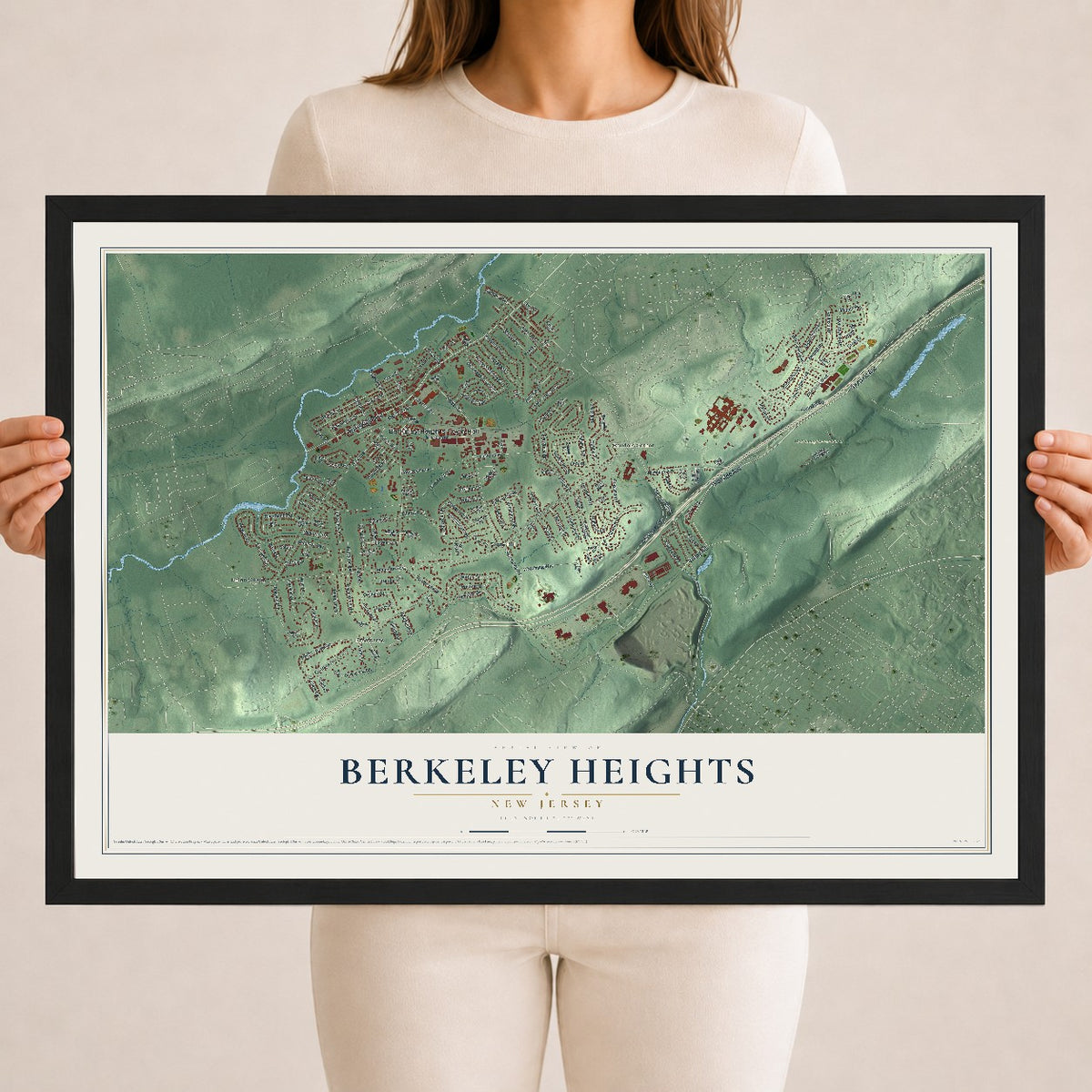 Berkeley Heights, New Jersey map print, 18" x 24" W/ Black Ayous Wood Frame mockup