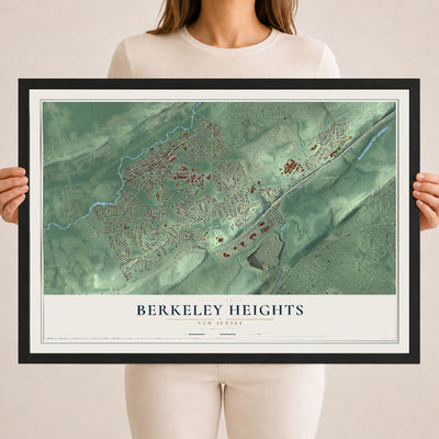 Berkeley Heights, New Jersey map print, 18" x 24" W/ Black Ayous Wood Frame mockup