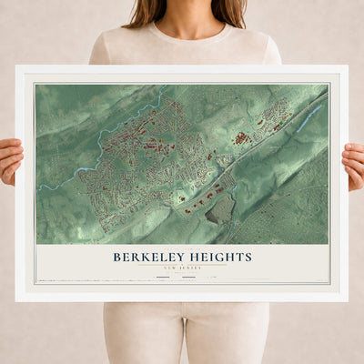 Berkeley Heights, New Jersey map print, 18" x 24" W/ White Ayous Wood Frame mockup