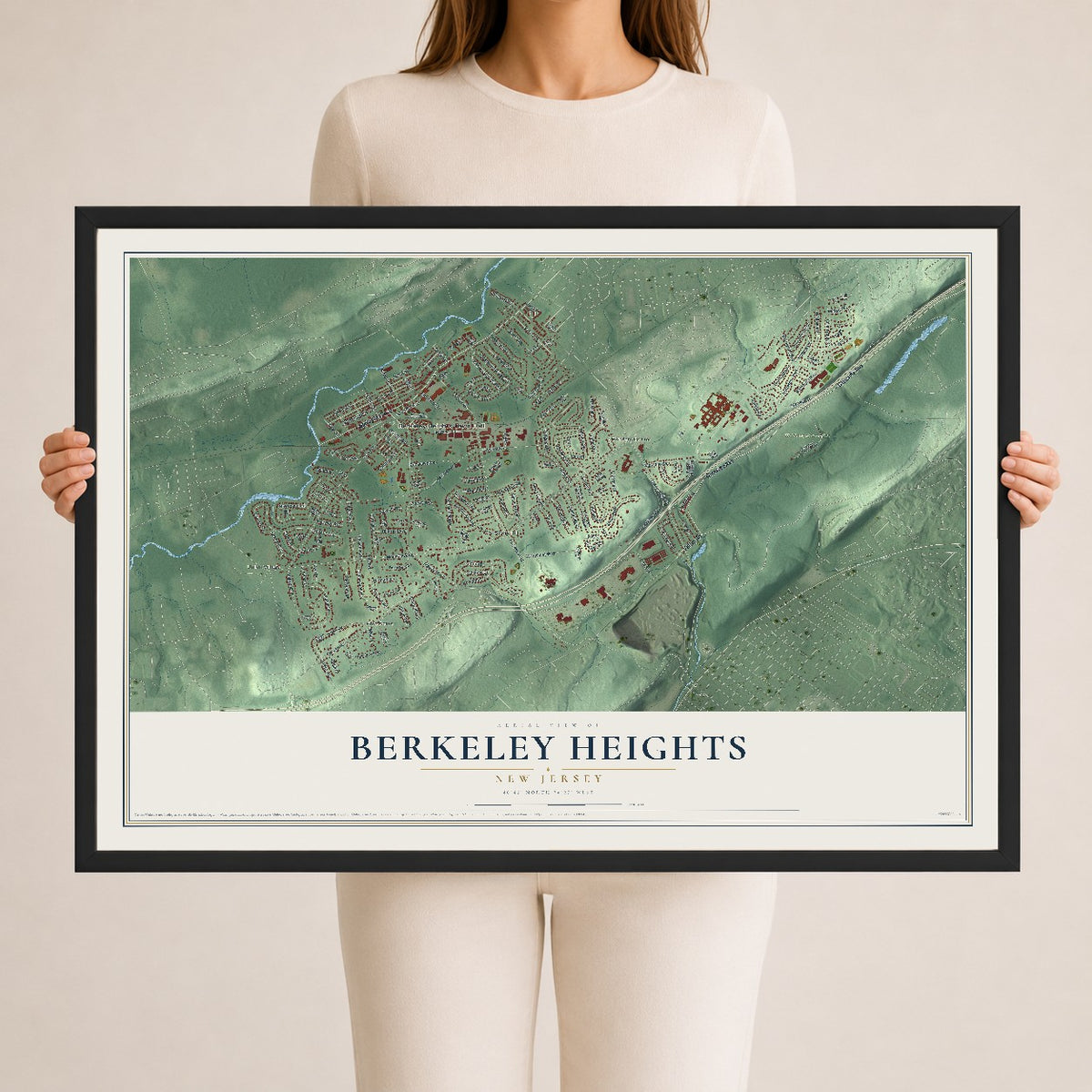 Berkeley Heights, New Jersey map print, 24" x 36" W/ Black Ayous Wood Frame mockup