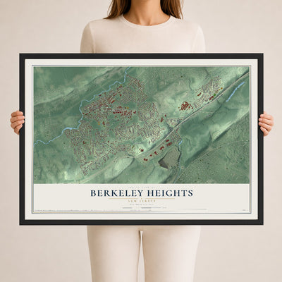Berkeley Heights, New Jersey map print, 24" x 36" W/ Black Ayous Wood Frame mockup