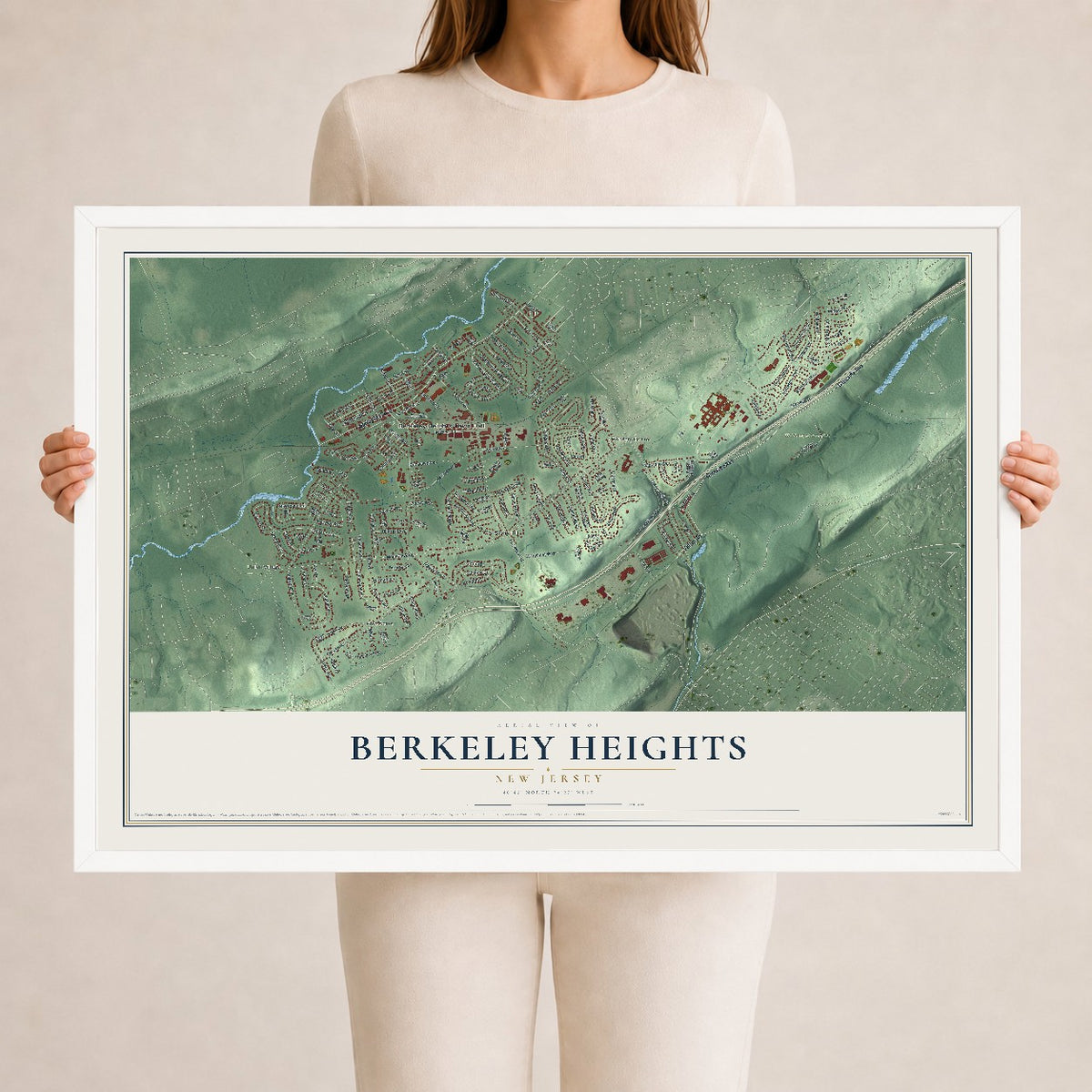 Berkeley Heights, New Jersey map print, 24" x 36" W/ White Ayous Wood Frame mockup
