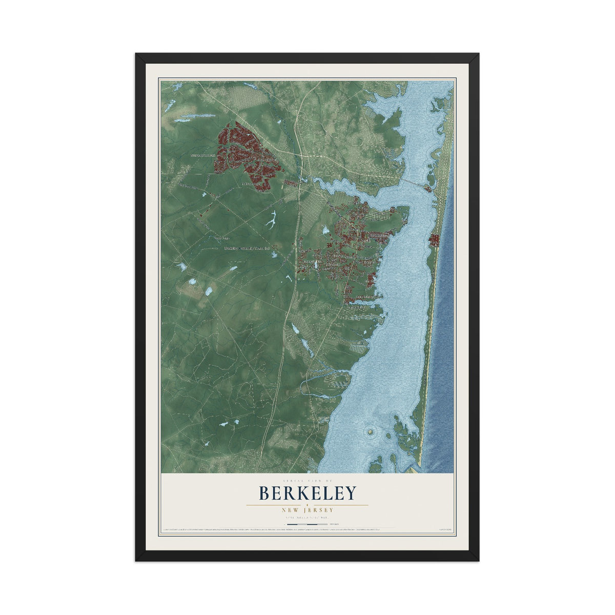 Berkeley, New Jersey map print, 12" x 18" W/ Black Ayous Wood Frame mockup