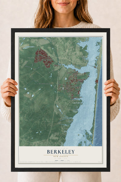 Berkeley, New Jersey map print, 18" x 24" W/ Black Ayous Wood Frame mockup