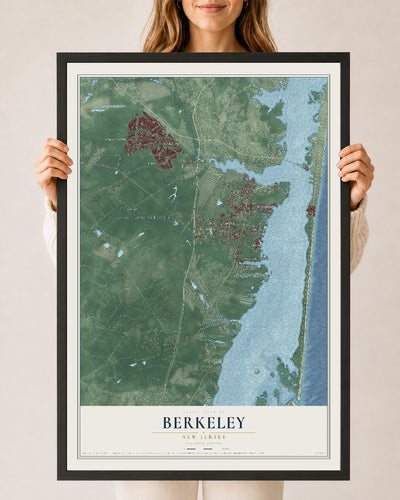 Berkeley, New Jersey map print, 24" x 36" W/ Black Ayous Wood Frame mockup