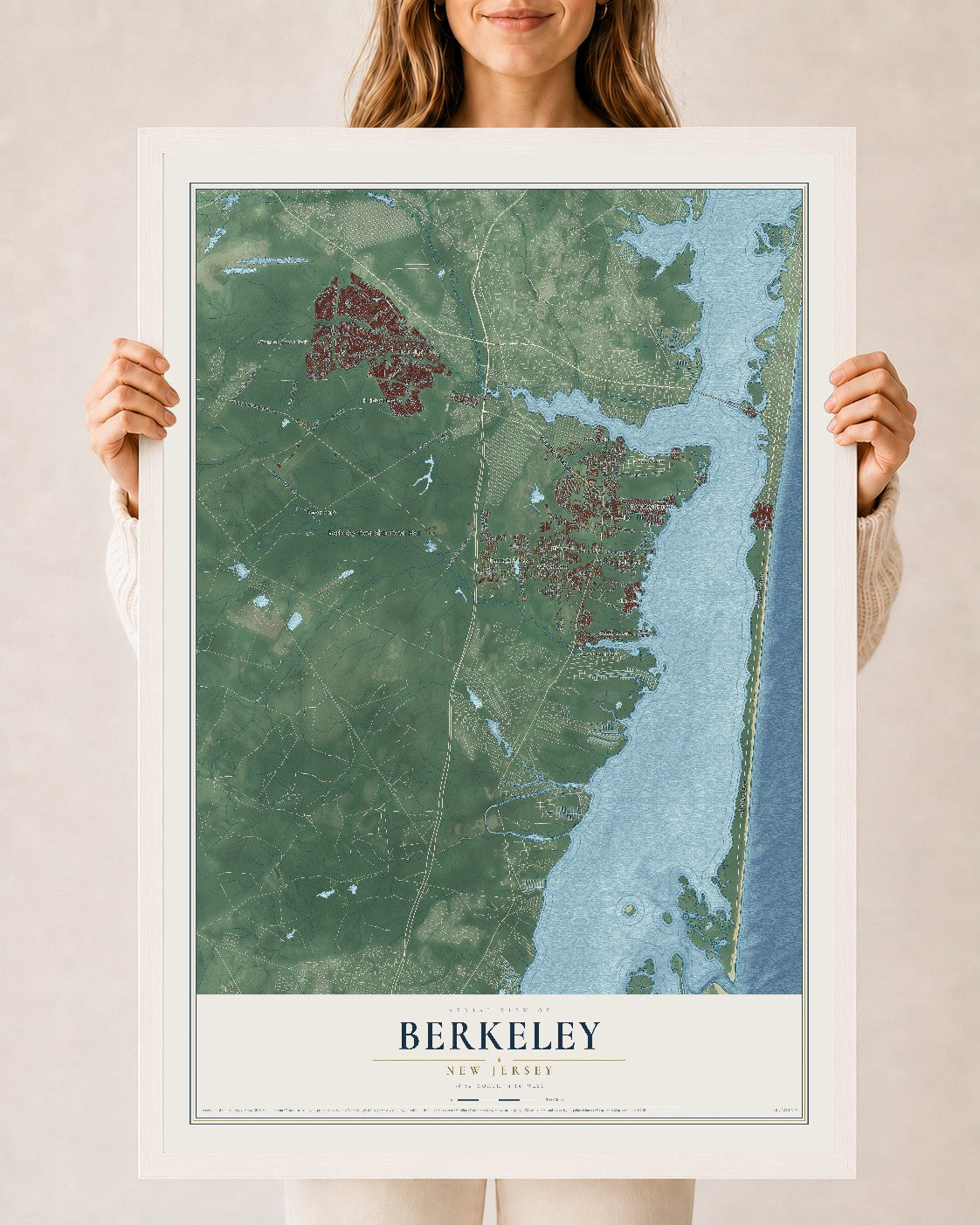 Berkeley, New Jersey map print, 24" x 36" W/ White Ayous Wood Frame mockup