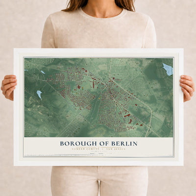 Borough of Berlin, New Jersey map print, 12" x 18" W/ White Ayous Wood Frame mockup