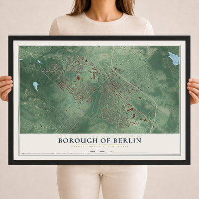 Borough of Berlin, New Jersey map print, 18" x 24" W/ Black Ayous Wood Frame mockup
