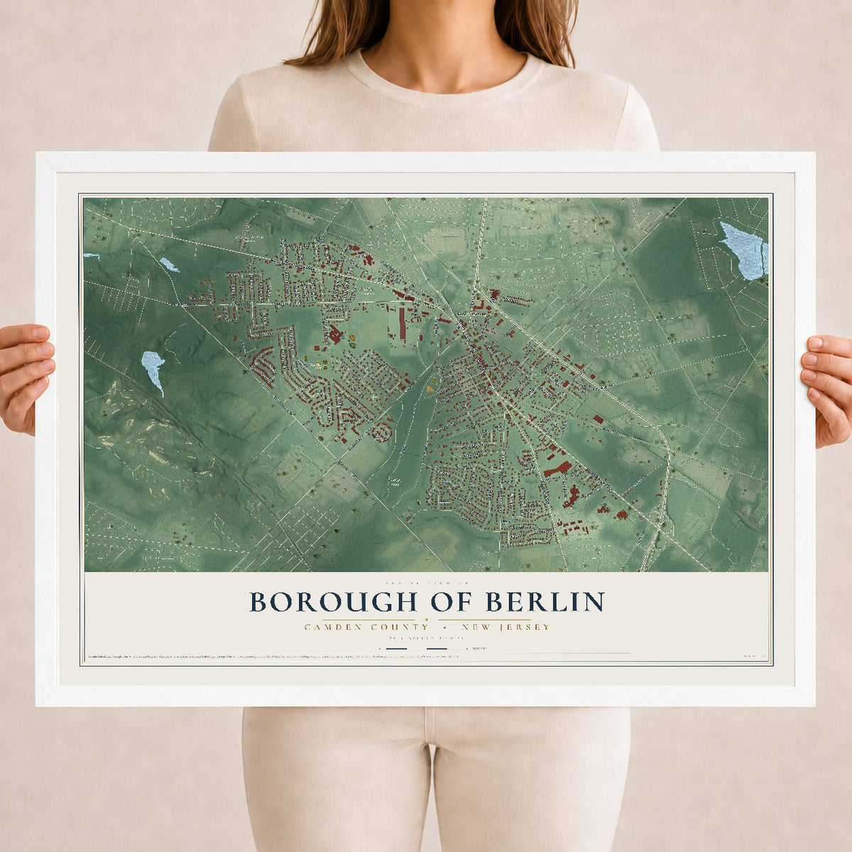 Borough of Berlin, New Jersey map print, 18" x 24" W/ White Ayous Wood Frame mockup