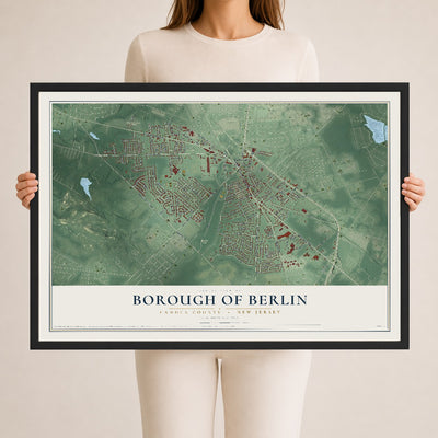 Borough of Berlin, New Jersey map print, 24" x 36" W/ Black Ayous Wood Frame mockup