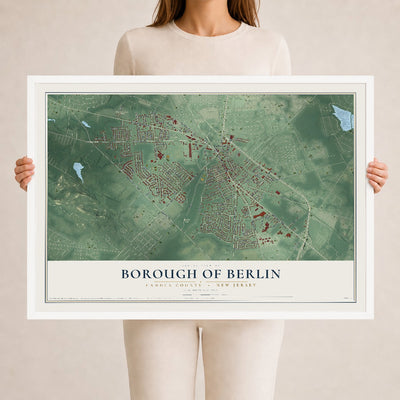 Borough of Berlin, New Jersey map print, 24" x 36" W/ White Ayous Wood Frame mockup
