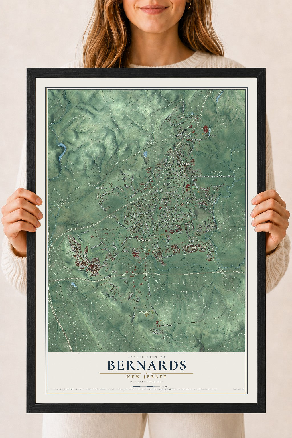 Bernards, New Jersey map print, 18" x 24" W/ Black Ayous Wood Frame mockup