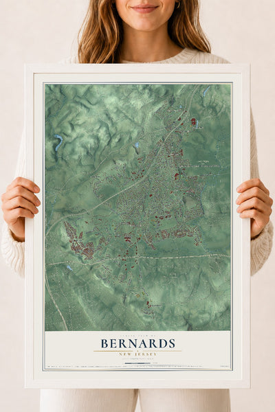 Bernards, New Jersey map print, 18" x 24" W/ White Ayous Wood Frame mockup