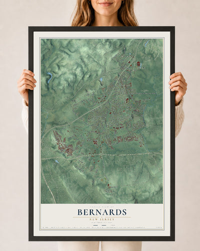 Bernards, New Jersey map print, 24" x 36" W/ Black Ayous Wood Frame mockup