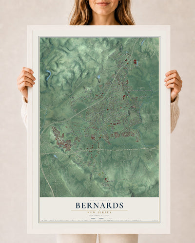 Bernards, New Jersey map print, 24" x 36" W/ White Ayous Wood Frame mockup