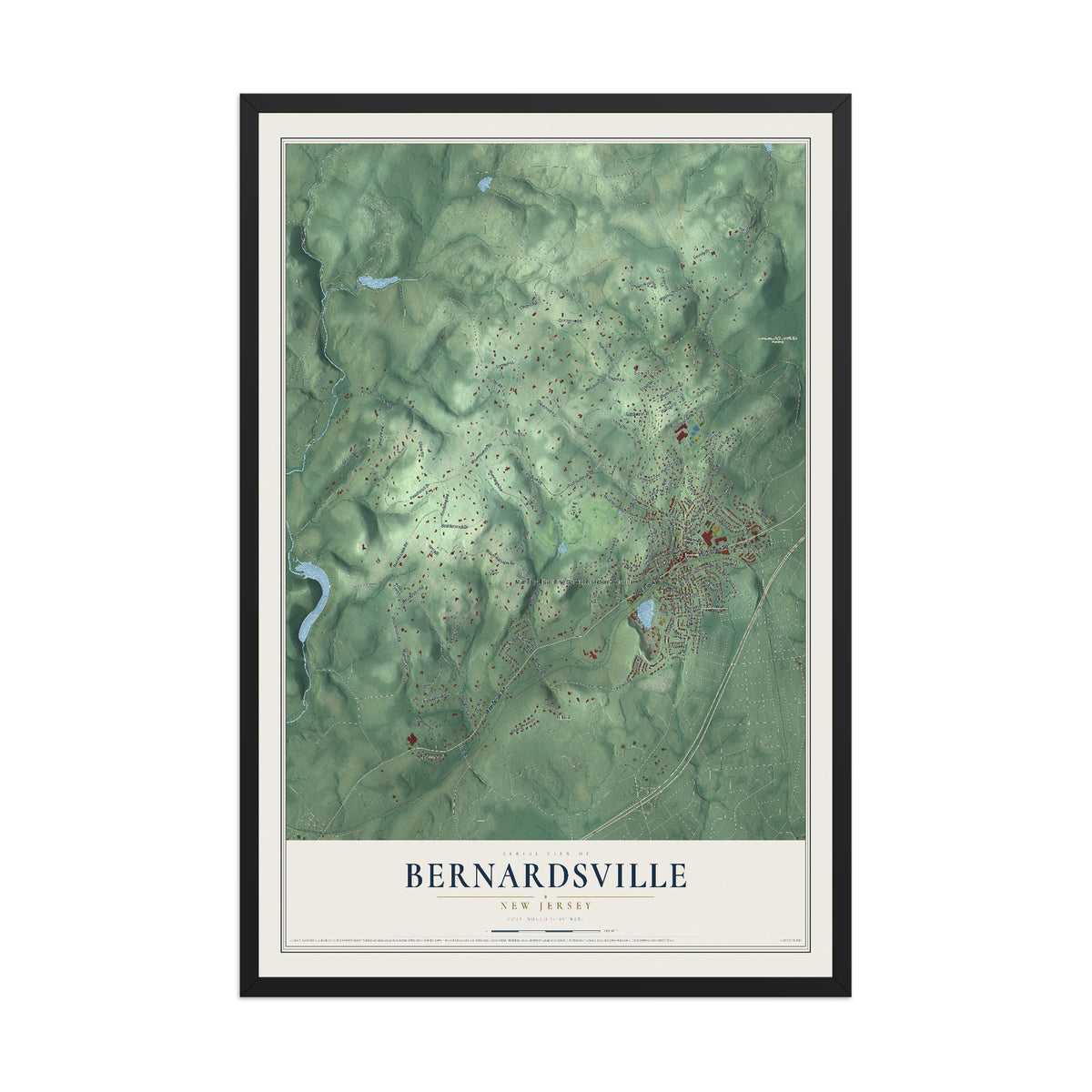 Bernardsville, New Jersey map print, 12" x 18" W/ Black Ayous Wood Frame mockup