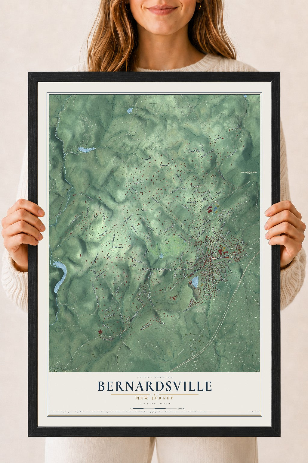 Bernardsville, New Jersey map print, 18" x 24" W/ Black Ayous Wood Frame mockup