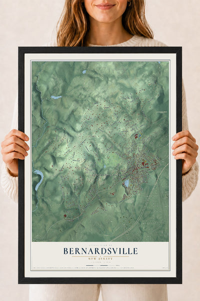 Bernardsville, New Jersey map print, 18" x 24" W/ Black Ayous Wood Frame mockup