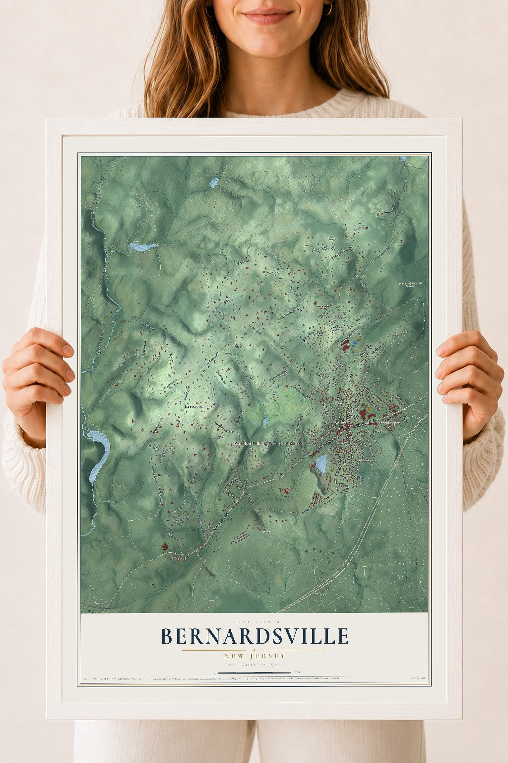 Bernardsville, New Jersey map print, 18" x 24" W/ White Ayous Wood Frame mockup