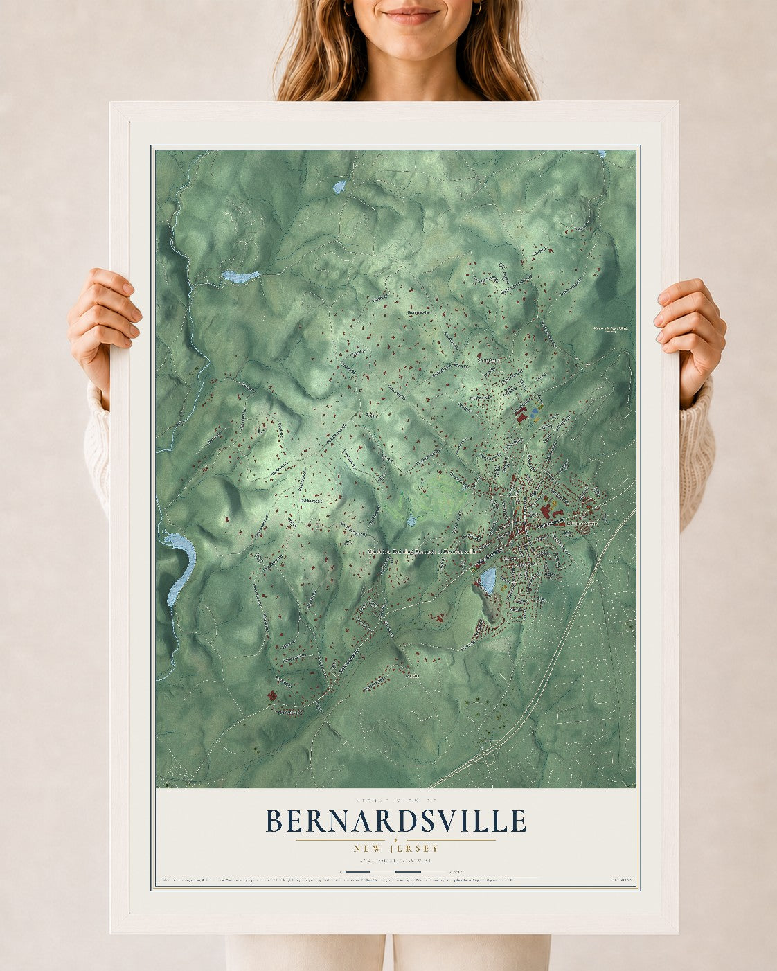 Bernardsville, New Jersey map print, 24" x 36" W/ White Ayous Wood Frame mockup