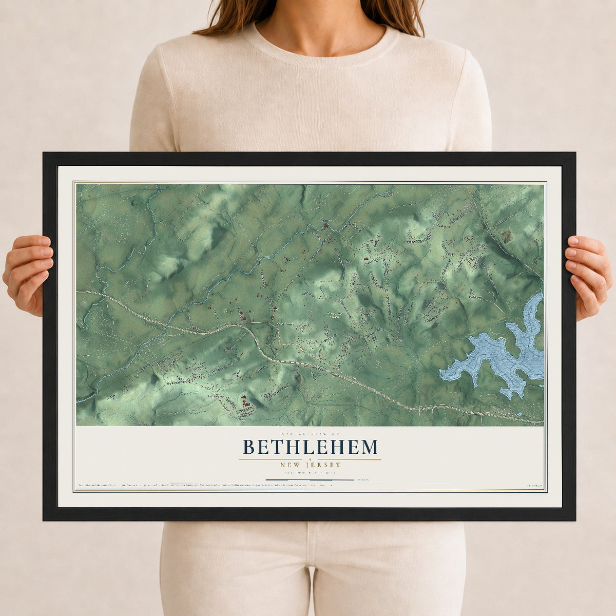 Bethlehem, New Jersey map print, 12" x 18" W/ Black Ayous Wood Frame mockup