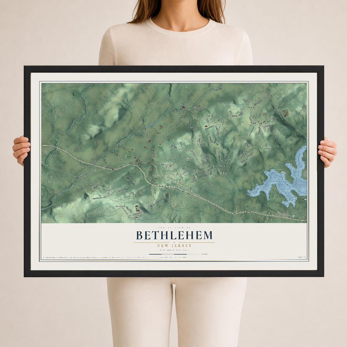 Bethlehem, New Jersey map print, 24" x 36" W/ Black Ayous Wood Frame mockup