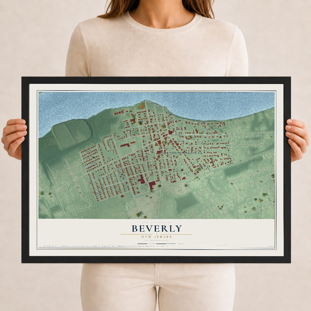 Beverly, New Jersey map print, 12" x 18" W/ Black Ayous Wood Frame mockup
