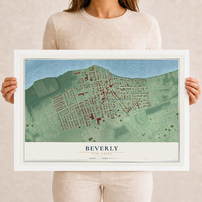 Beverly, New Jersey map print, 12" x 18" W/ White Ayous Wood Frame mockup