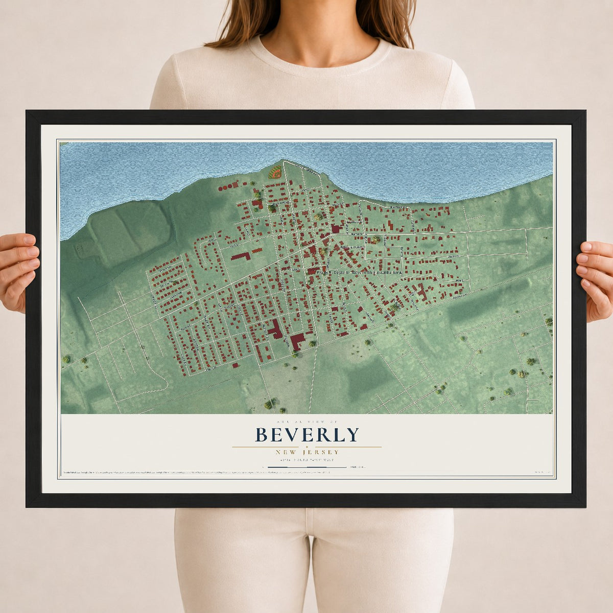 Beverly, New Jersey map print, 18" x 24" W/ Black Ayous Wood Frame mockup