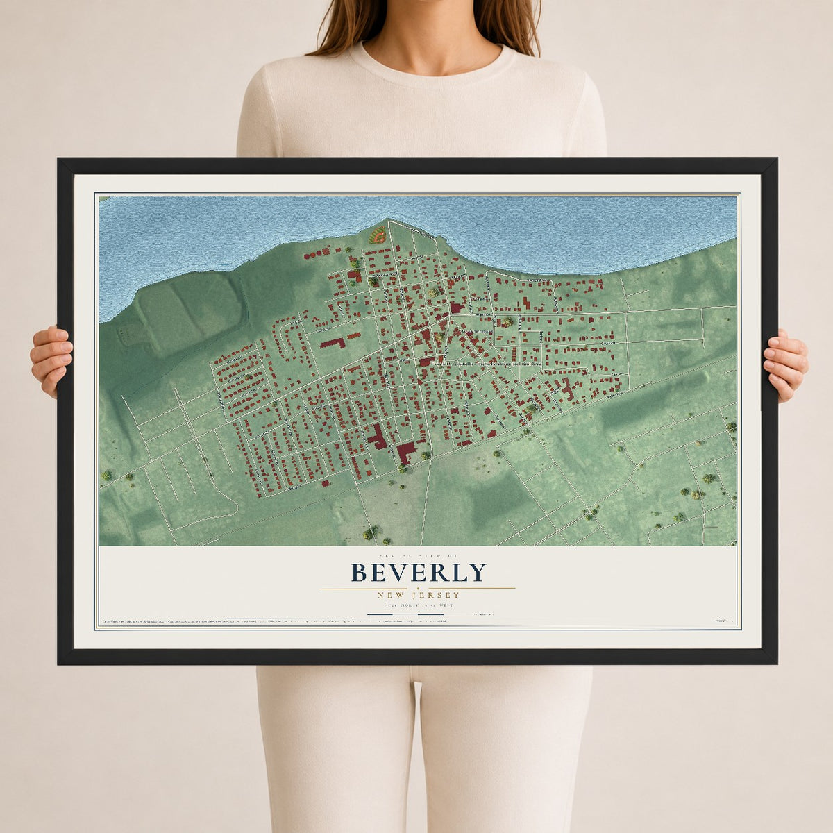 Beverly, New Jersey map print, 24" x 36" W/ Black Ayous Wood Frame mockup