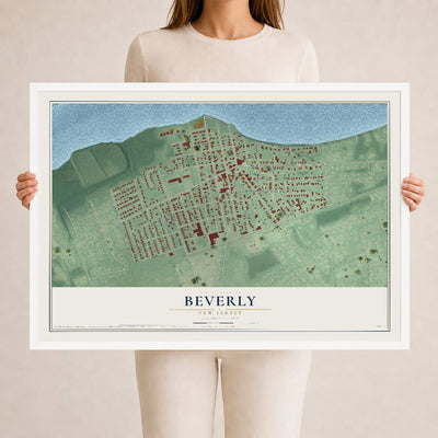 Beverly, New Jersey map print, 24" x 36" W/ White Ayous Wood Frame mockup