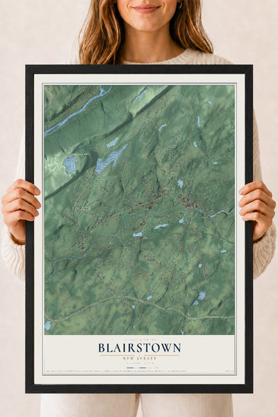 Blairstown, New Jersey map print, 18" x 24" W/ Black Ayous Wood Frame mockup