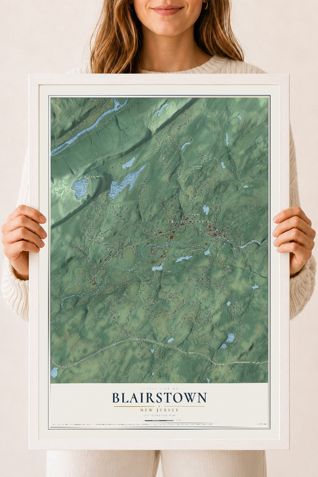 Blairstown, New Jersey map print, 18" x 24" W/ White Ayous Wood Frame mockup