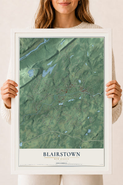 Blairstown, New Jersey map print, 18" x 24" W/ White Ayous Wood Frame mockup