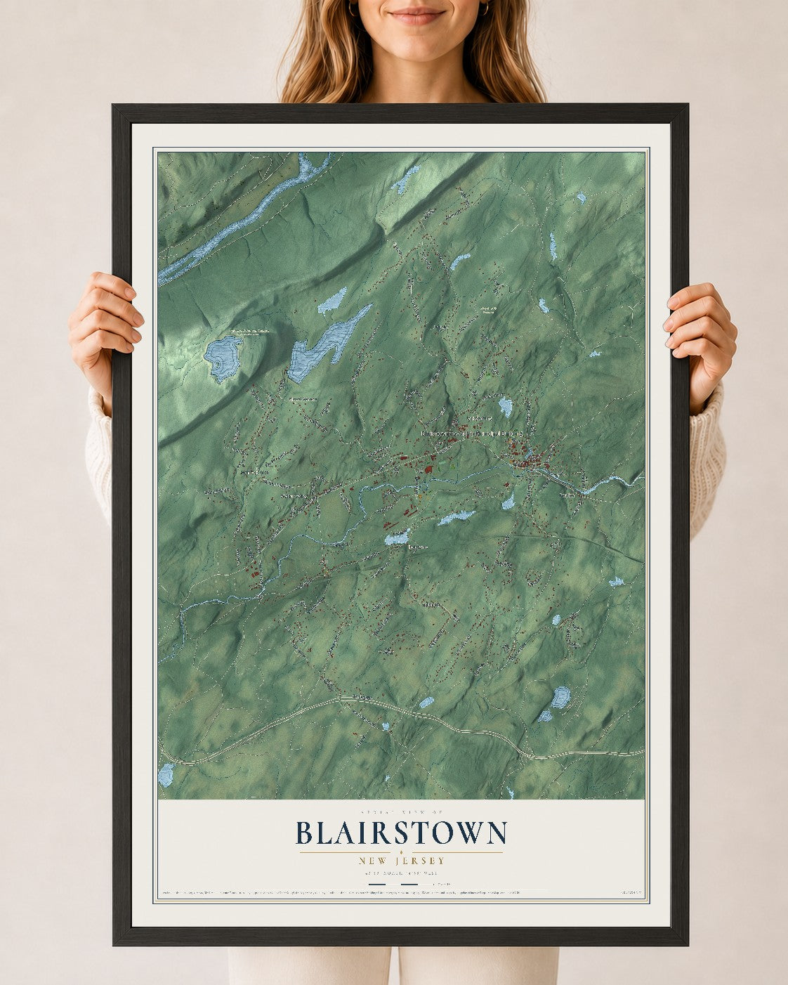 Blairstown, New Jersey map print, 24" x 36" W/ Black Ayous Wood Frame mockup