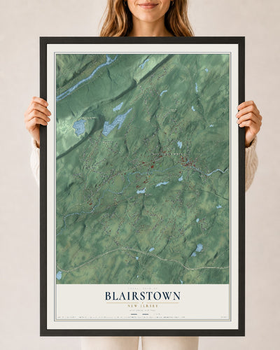 Blairstown, New Jersey map print, 24" x 36" W/ Black Ayous Wood Frame mockup