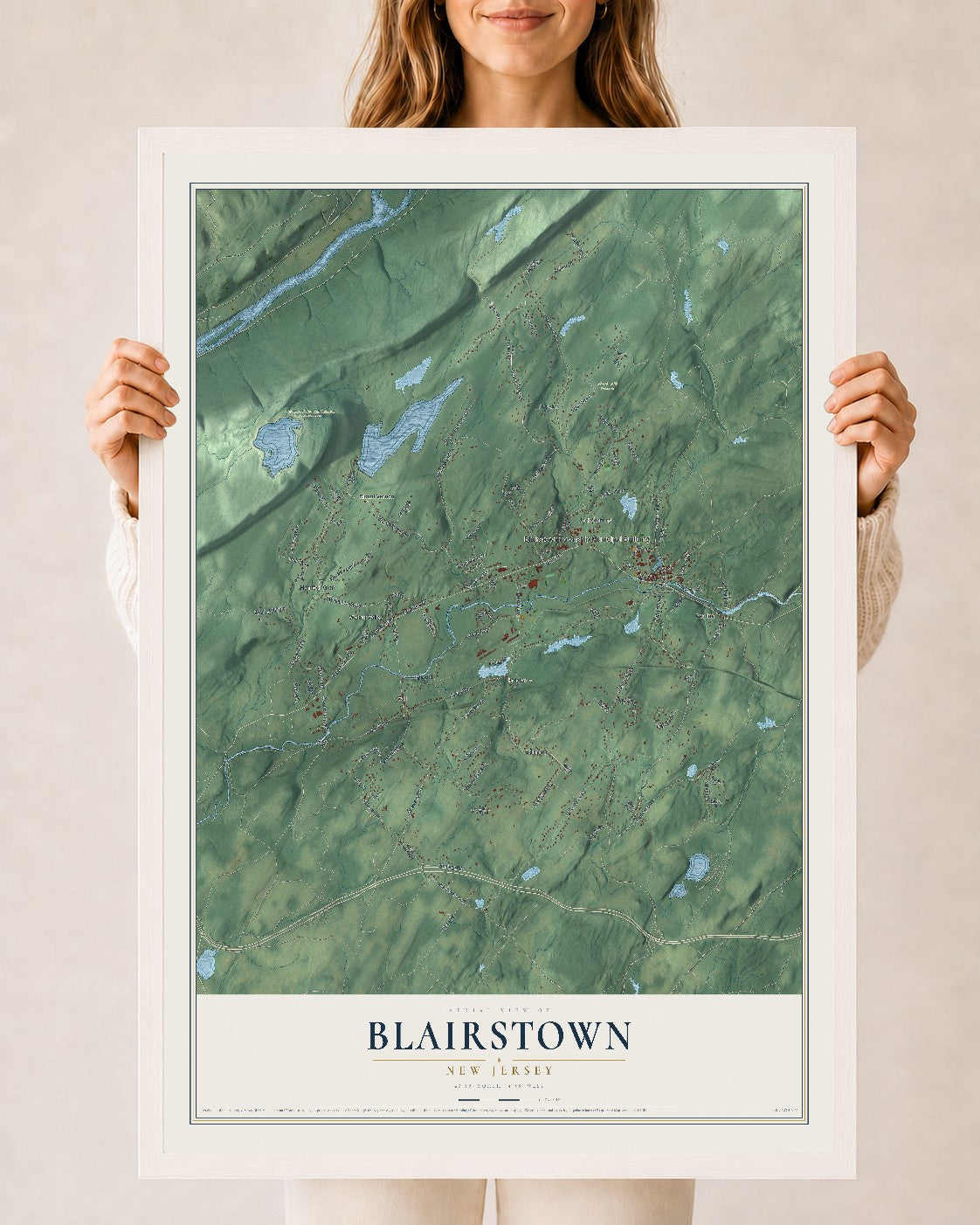 Blairstown, New Jersey map print, 24" x 36" W/ White Ayous Wood Frame mockup